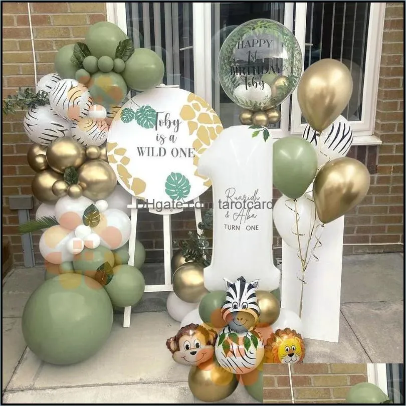 Party Decoration 28st Wild One Animal Ballonger Set med Vit Nummer Ballong för barn Boy Jungle Födelsedag Supply Drop Delivery 2021 Event