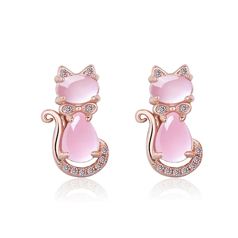 Moda fofa e requintada rosa cristal hibiscus pingente brincos de gato febre fêmea com jóias de orelha prateada de ouro rosa 18k