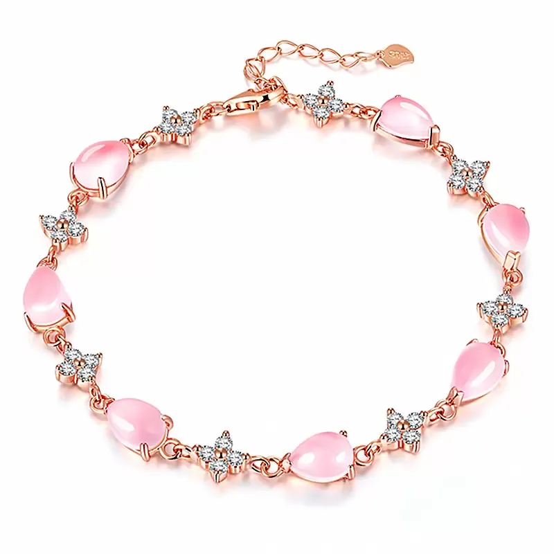 Vierblättriges Kleeblatt-Armband für Damen, Eleganz, Hochzeit, Party, Schmuck, Geschenk, Hibiskus-Stein-Armband, Birnen-Roségold-Armband