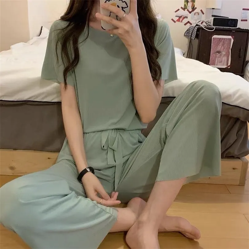 Pijama Coreano Sleepwear Suit Pijamas de Seda de Gelo para Mulheres Set Mulher 2 Peça Pijama Nightwear Confortável Francês Lounge Desgaste PJS 220329