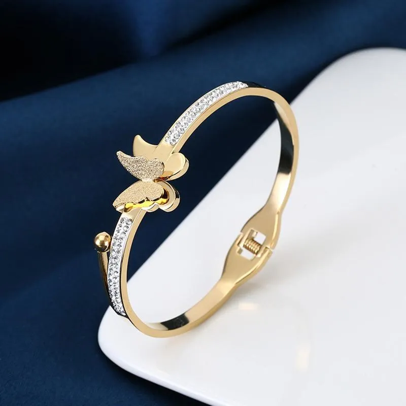 Bangle 18k Gold Stainless Steel Butterfly Bangles Charm Cuff Hinge Bracelet For Women Girl Teen Birthday GiftBangle