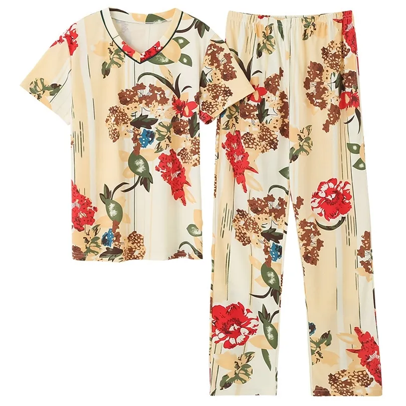 2020 Nouveau printemps été femmes Vneck pyjamas ensemble fleur couleur pure loisirs vêtements de nuit manches courtes pantalons longs vêtements de nuit XXXXL T200429