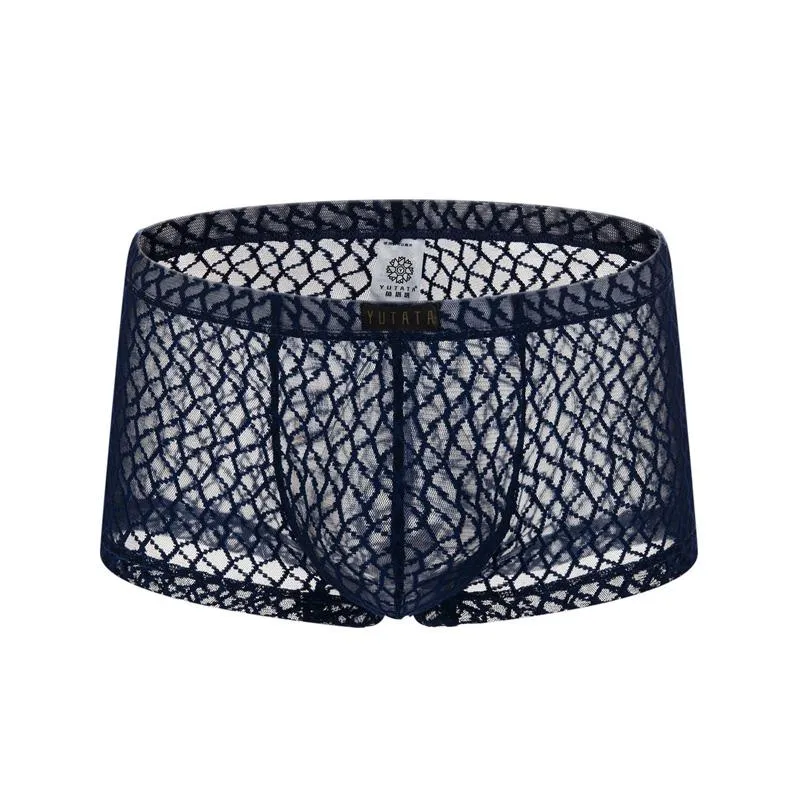 Underpantes masculino de boxe masculino de roupas íntimas sexy renda transparente de malha baixa boyshort lingerie lingerie panor