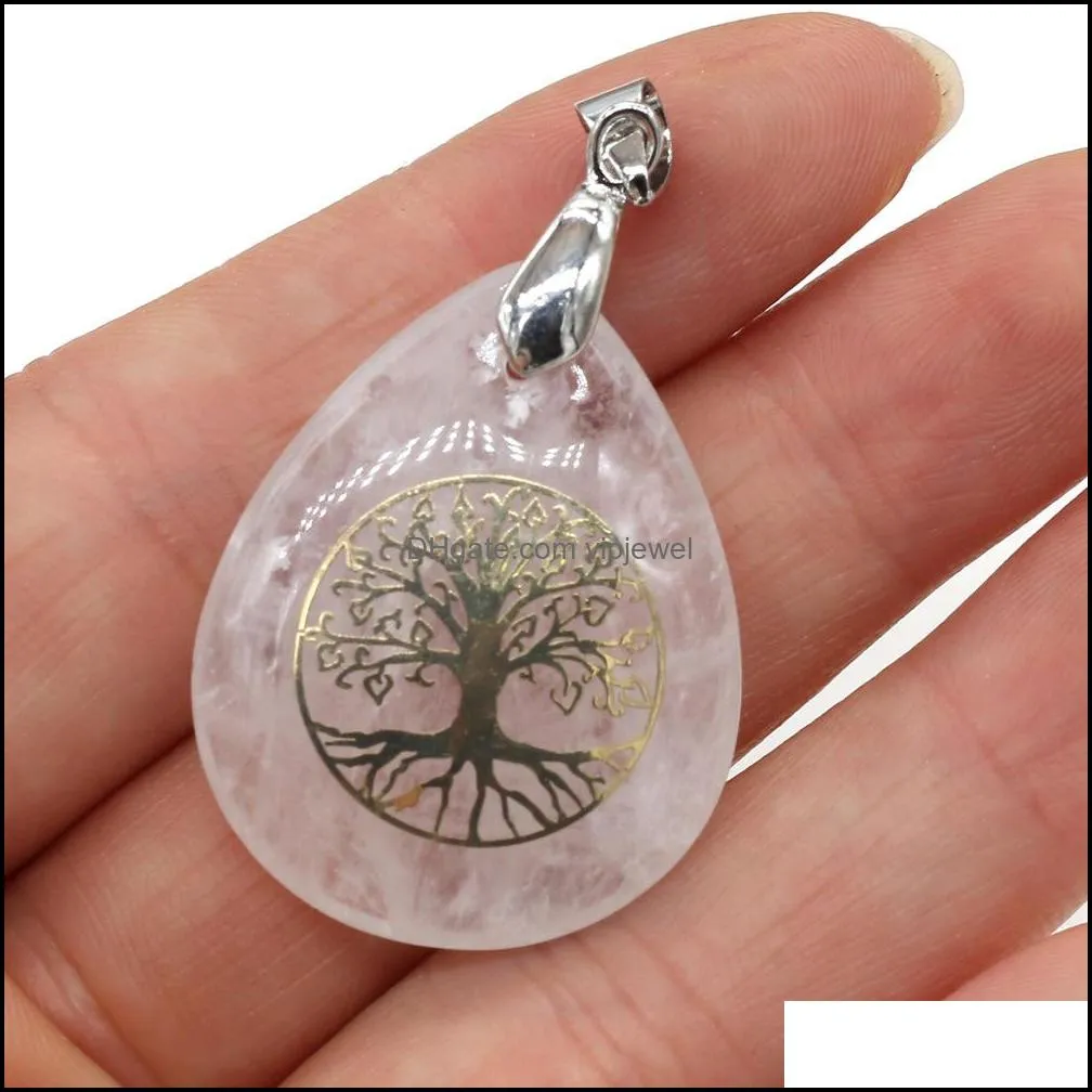 natural stone tree of life pendant charms purple pink crystal tiger`s eye water drop shape metal alloy pendant seven chakra reiki for diy jewelry necklace