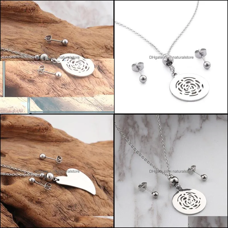 Pendant Necklaces Fashion Silver Color Steel Women Men Round Necklace Earrings Sets Jewelry GiftPendant