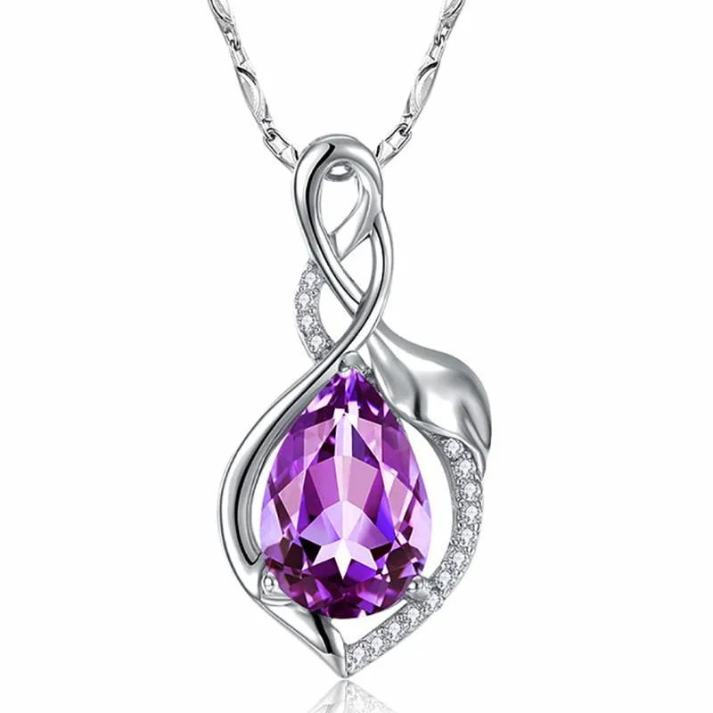 Låsar Purple Blue Crystal Amethyst Topaz Gemstenar Diamonds Leaf Pendant Neckor For Women White Gold Silver Color Choker Jewelry