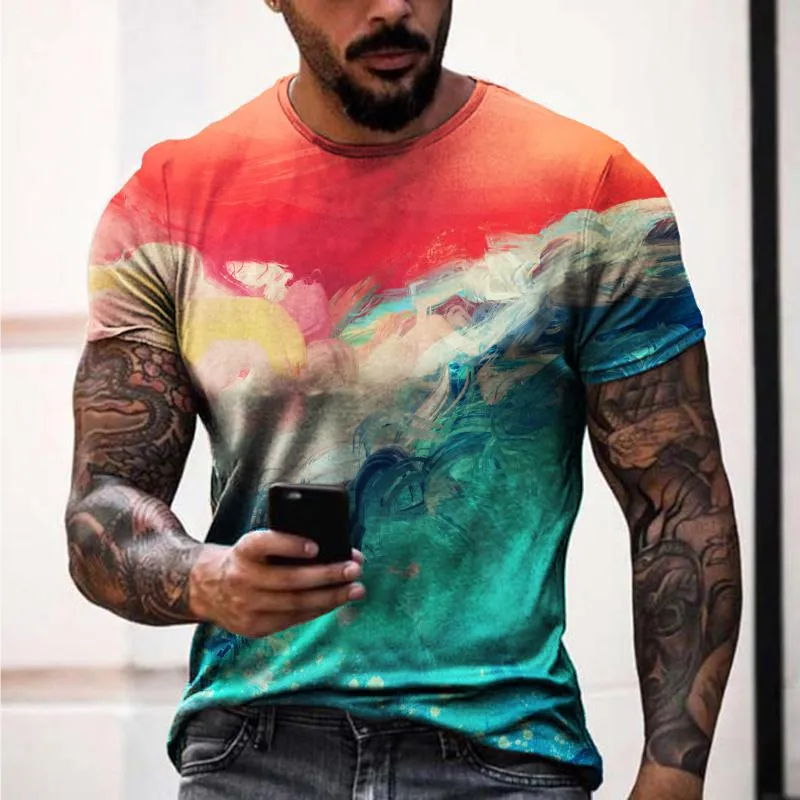 Men's T-Shirts T-shirt Mens 2022 Summer Color Block D Printed Fashion O-neck Short Sleeve Leisure Holiday Plus Size Male Top