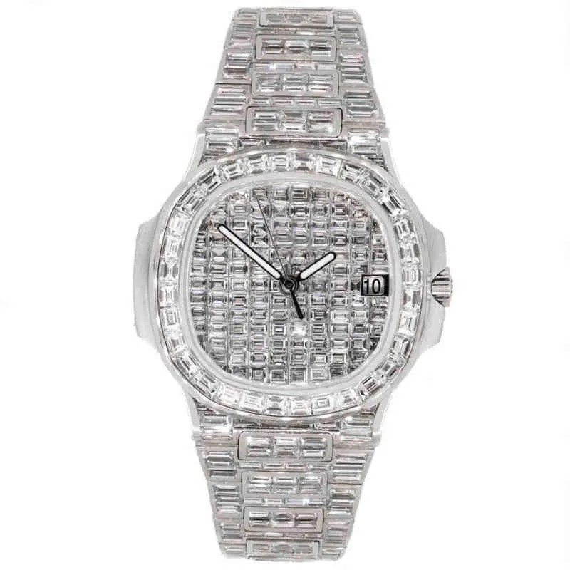 Wersja Big Square Moissanite Stones Watch Pass Test Mens Diamonds Najwyższa jakość automatycznego ruchu eta luksus pełny lodowany szafir