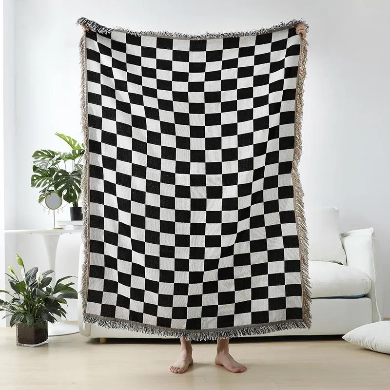 Decken Schachbrett-Plaid-Decke, Teppich mit Quaste, Retro-Schachbrett-Druck, Sofa, gestrickt, einzeln, Wandteppich, Heimdekoration, 125 x 150 cm