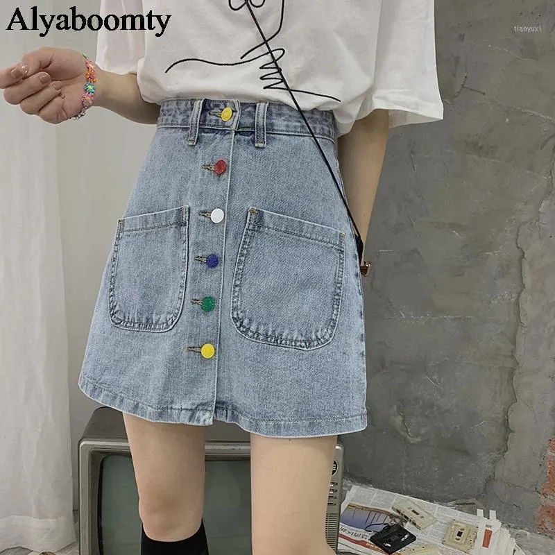 Kjolar 2022 Koreansk stil sommar kvinnor mini kjol hög midja blå denim bodycon a-line elegant vintage med färgglada knappar