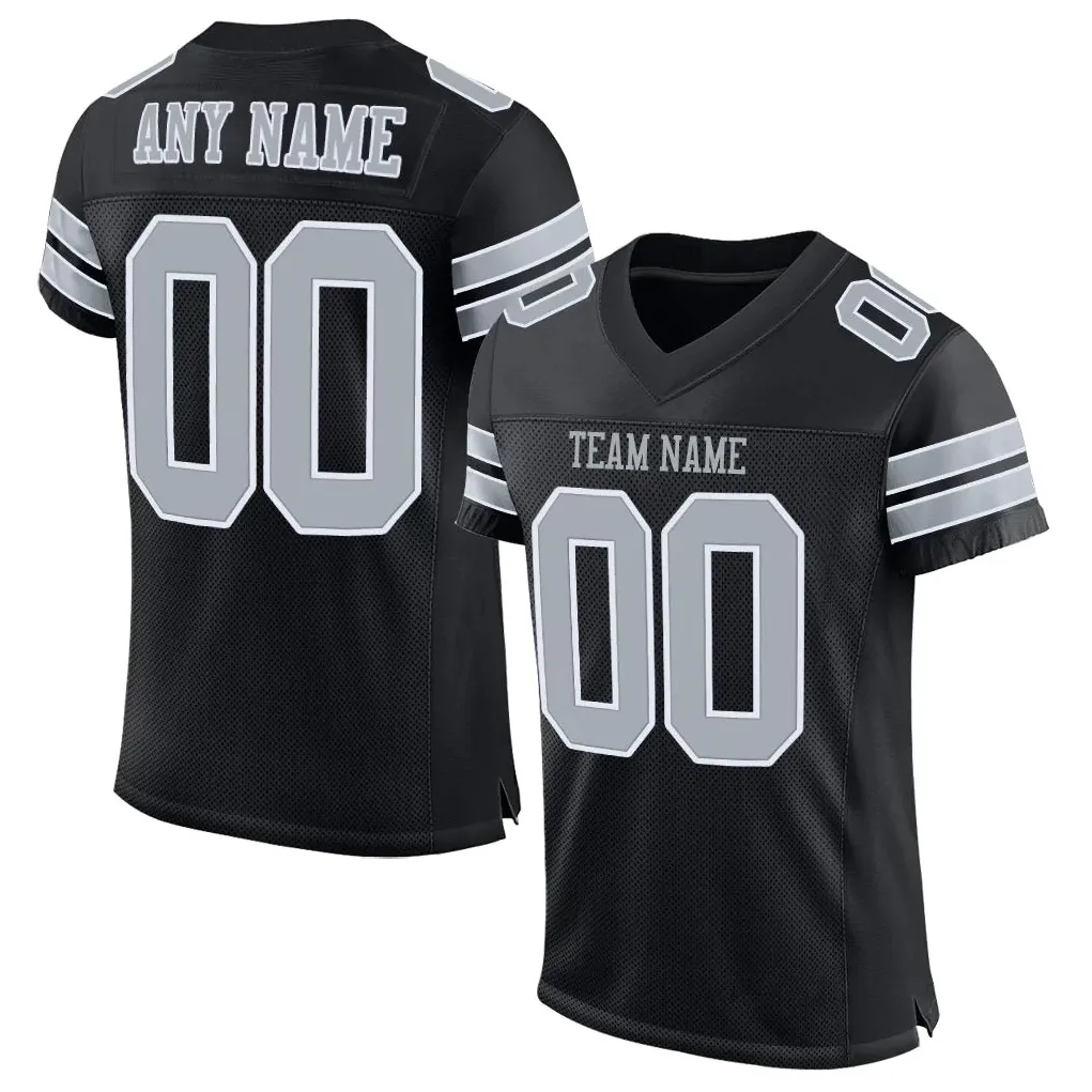 Custom Black Silver-White Mesh Authentic Football Jersey