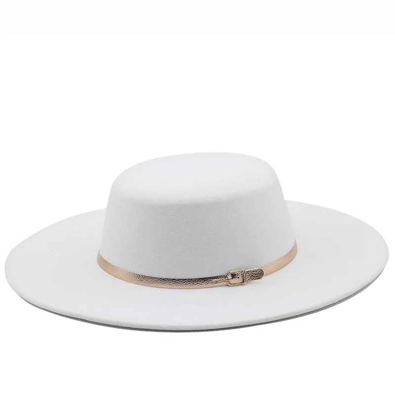 Bérets 9.5CM large bord haut chapeau Panama Fedoras en feutre solide avec nœud pour les femmes mélange de laine blanche artificielle Jazz CapBérets BéretsBérets