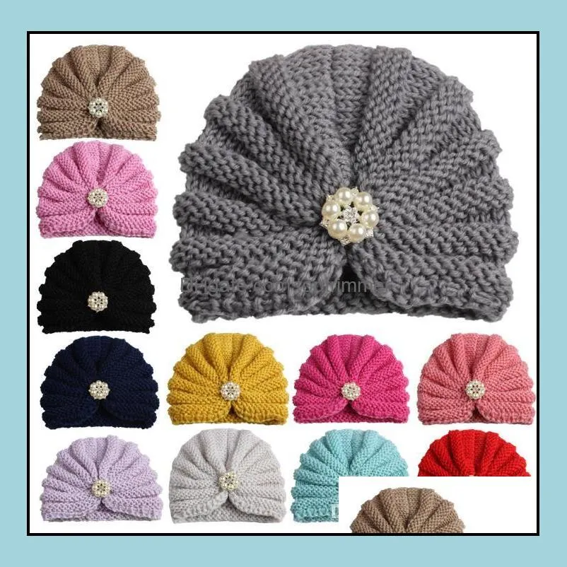 Mode winter baby meisje hoeden met parels snoep kleur gebreide pasgeboren beanie hoed fotografia cap accessoires tulband 12 kleuren drop levering 2021