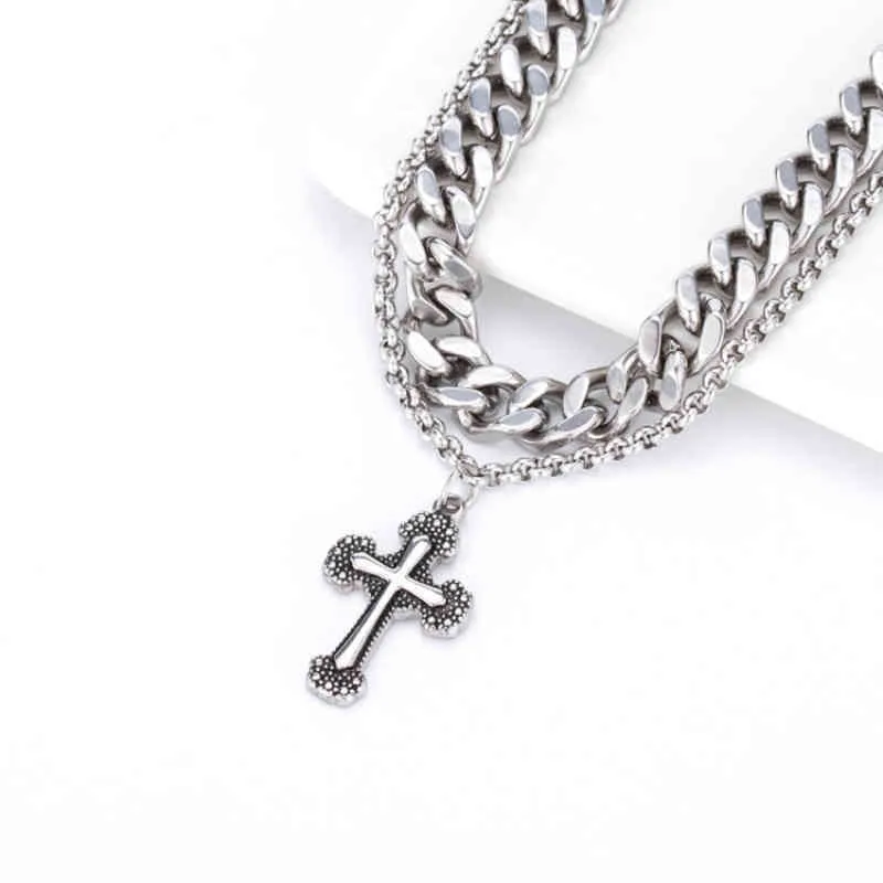 Подвесные ожерелья Горячие простые стальные панк -мужиры с двойной цепью поперечный хип -хоп украшения 220316
