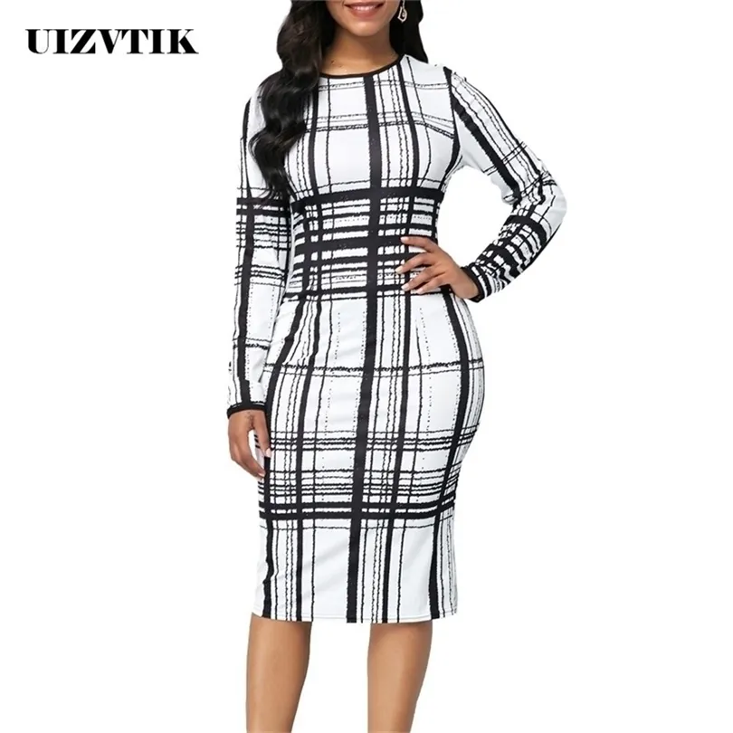 Black White Plaid Summer Autumn Dress Women Casual Plus Size Slim Office Bodycon Dresses Vintage Elegant Long Party Dress T200319