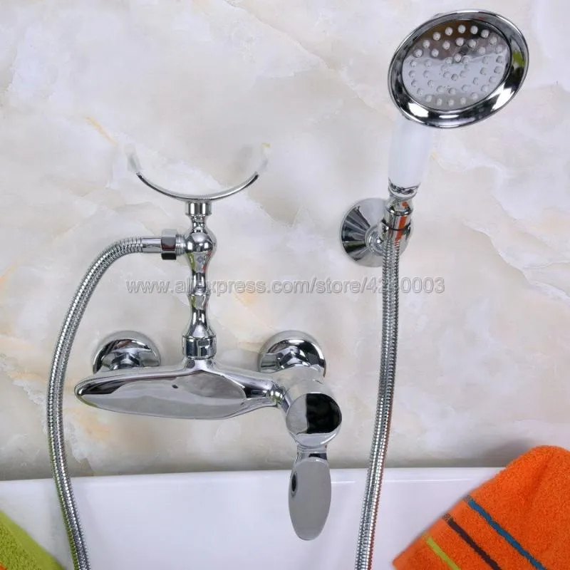 Bathroom Shower Sets Polished Chrome Faucet Bath Mixer Tap Wall Mounted Hand Held Head Kit Kna257Bathroom