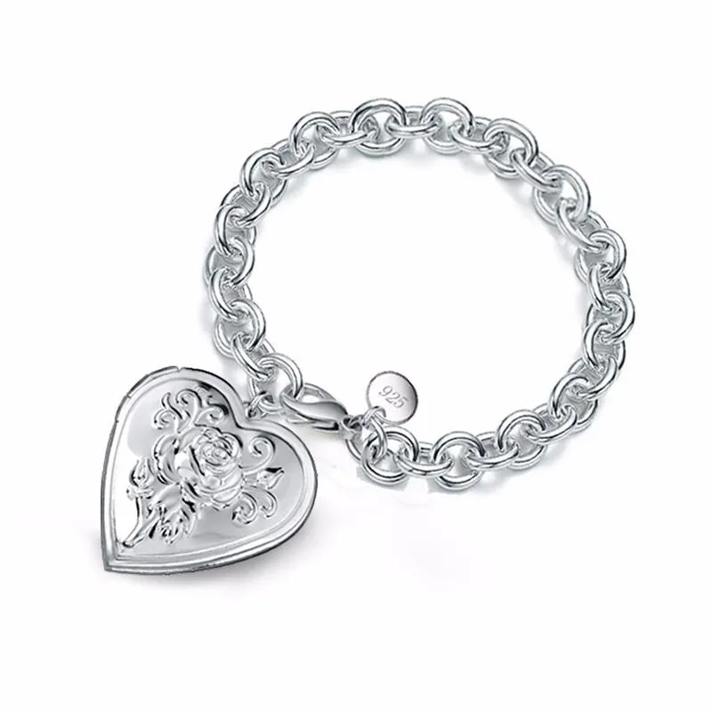 Bangła Chunky Chain 925 Sterling Silver Po Bracelet Bracelet Vintage Flower Heart Drop Bracelets Pulsera Gift Walentynki Daybangle