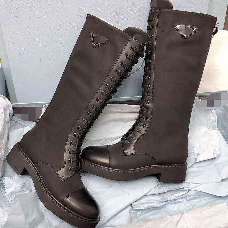 brand autumn winter P triangle lace up women`s thick soled motorcycle canvas leather high tube Knight boots home 231215