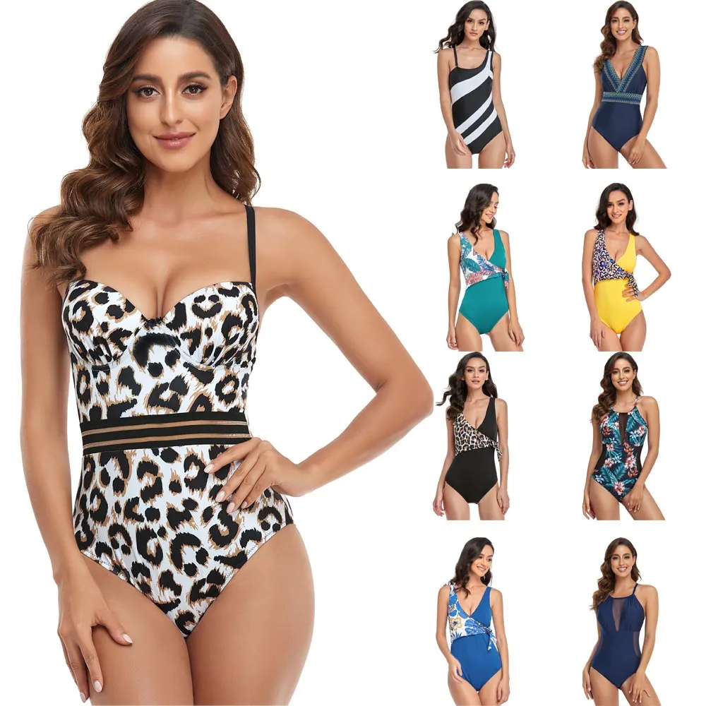 Factory Direct Sales One Piece Swimsuit Swimwear Women 2022 New Sexy Swimming Bathing Suit Solid Striped Leaf Printed Beachwear