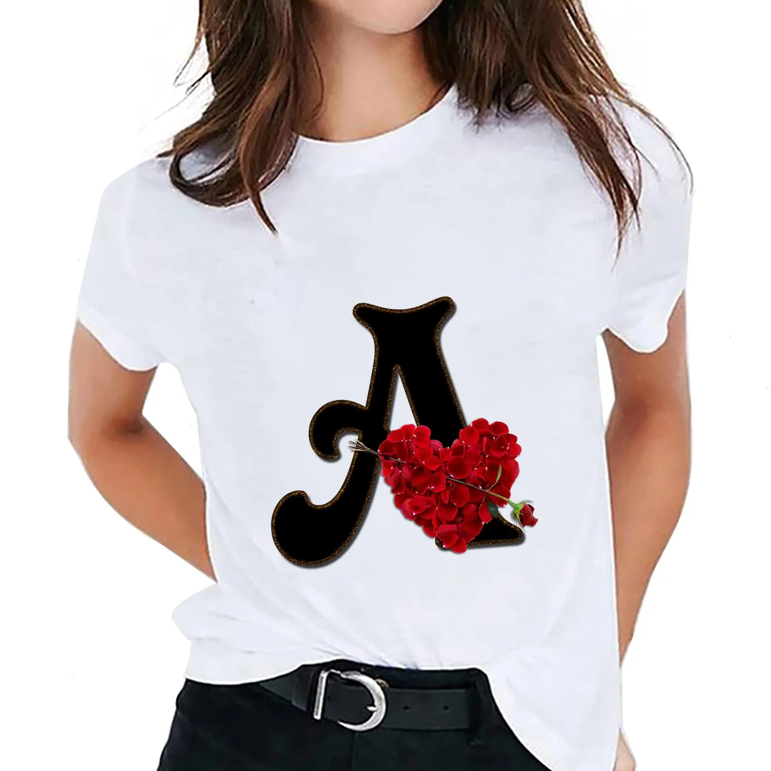 Damen-T-Shirt mit individuellem Namen, Buchstabenkombination, Aufdruck, Blumenschrift, A B C D E F G, kurzärmelig, Damen