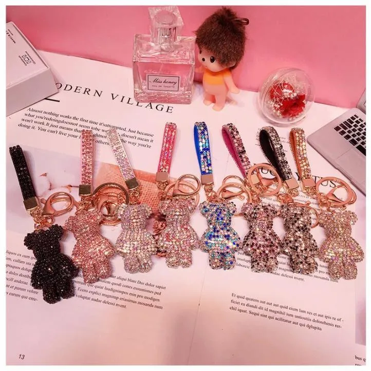 Party Favor Key Ring PVC Keychain DIY Craft Cartoon Bear Handmade Rhinestone Crystal Key Chains Charm Pendant Keychains For Women Gifts SN4873