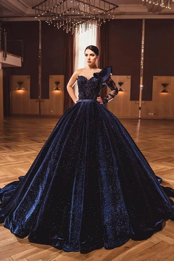 Navy Velvet Ball Gown Quinceanera Dresses Long Caftan Party Crystals Beading Evening Gowns Vestidos Formals Dubai Dress 0714327p