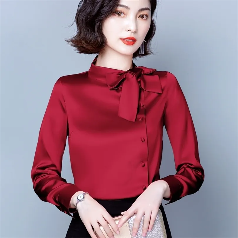 Koreańskie jedwabne kobiety Bluzki Kobiety Koszulki z długim rękawem Bluzka Elegancka kobieta Bow Satynowa koszulka Plus Size Blusas Mujer de Moda 210308