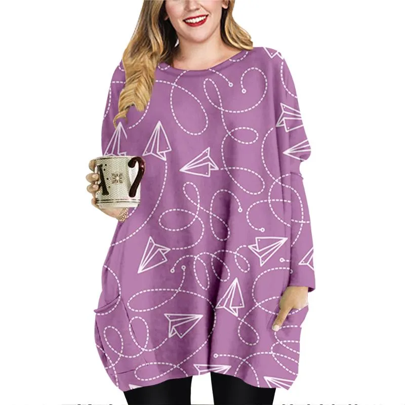 Women's T-Shirt Spring Fall Women Mini Dresses Loose O-neck Long Sleeve Airplane Printing Dress Ladies TopsWomen's