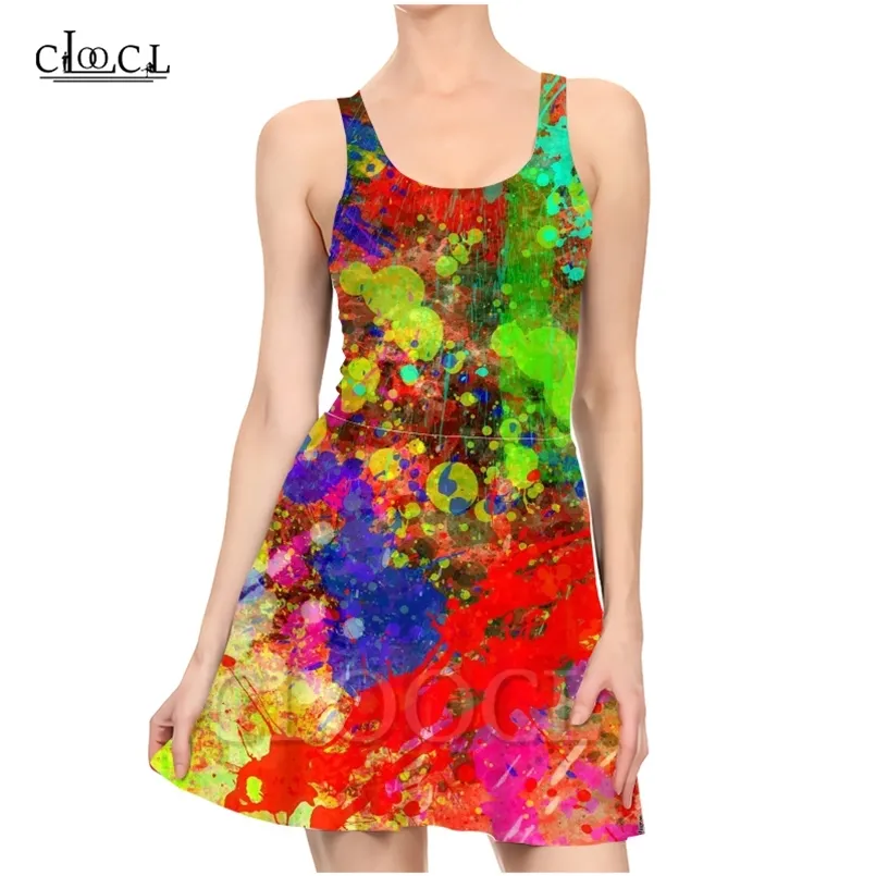 Colorful Paint Splatter 3D Print Summer Dress Women Slim Sleeveless Sexy Dresses Women Pleated