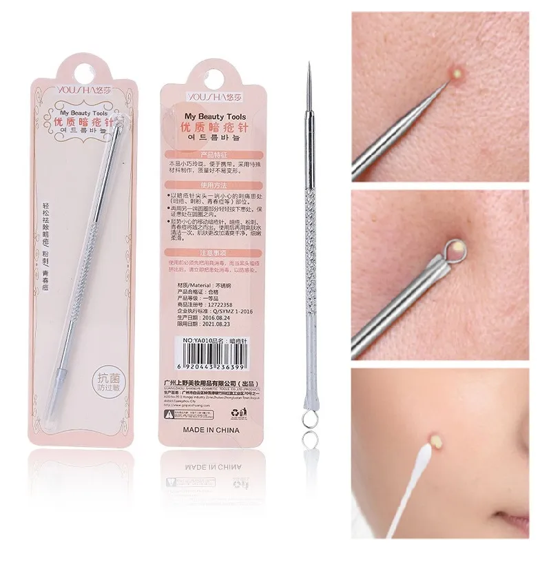 Dubbel-End Needle Blackhead Comedone Acne Pimple Blemish Extractor Remover rostfritt stål Nålar Ta bort verktyg ansikte hudvård porrengörare