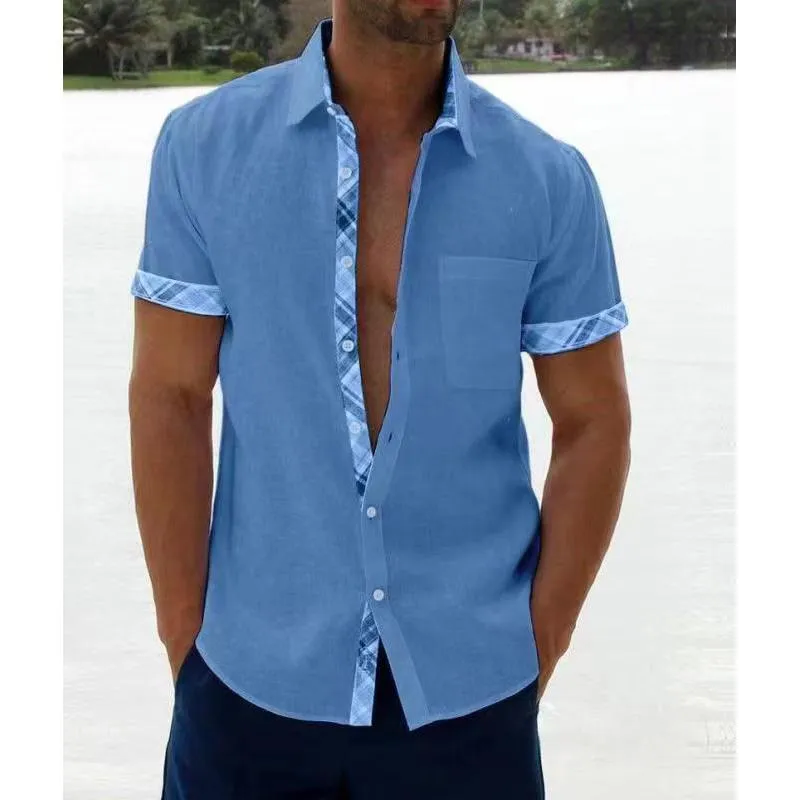 Men's Casual Shirts Mens Linen Blouse Short Sleeve Baggy Buttons Summer Color Matching Comfortable Cotton And Loose Holiday TeeMen's