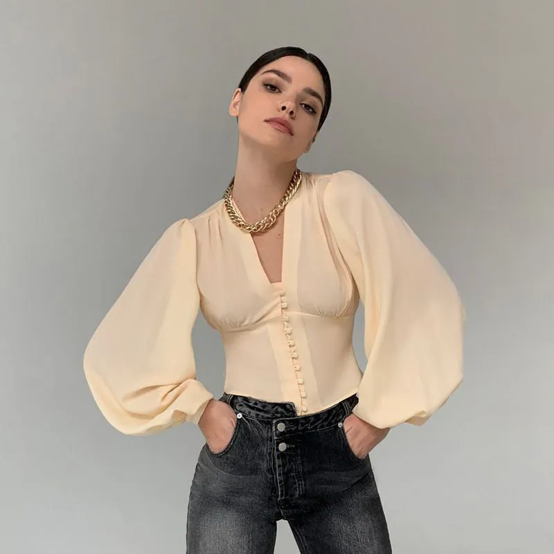 Damesblouses Lente/zomer Vrouwelijk overhemd V-hals Lange mouwen Enkele rij knopen Taille-overhemden Pure kleur Tops Verzamel tailleknoop Lantaarnmouwen Satijnen onderblouse