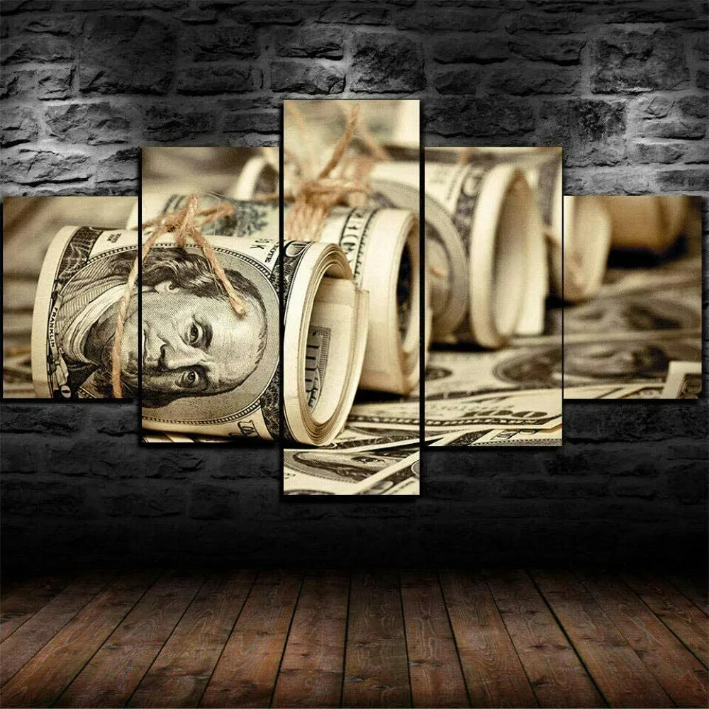 Pas encadré 100 dollars Banknotes Money Roll 5 Panneau Canvas Picture Imprimer Mur Art Canvas PEINTURE MUR DÉCOR MUR POUR LE SOIR