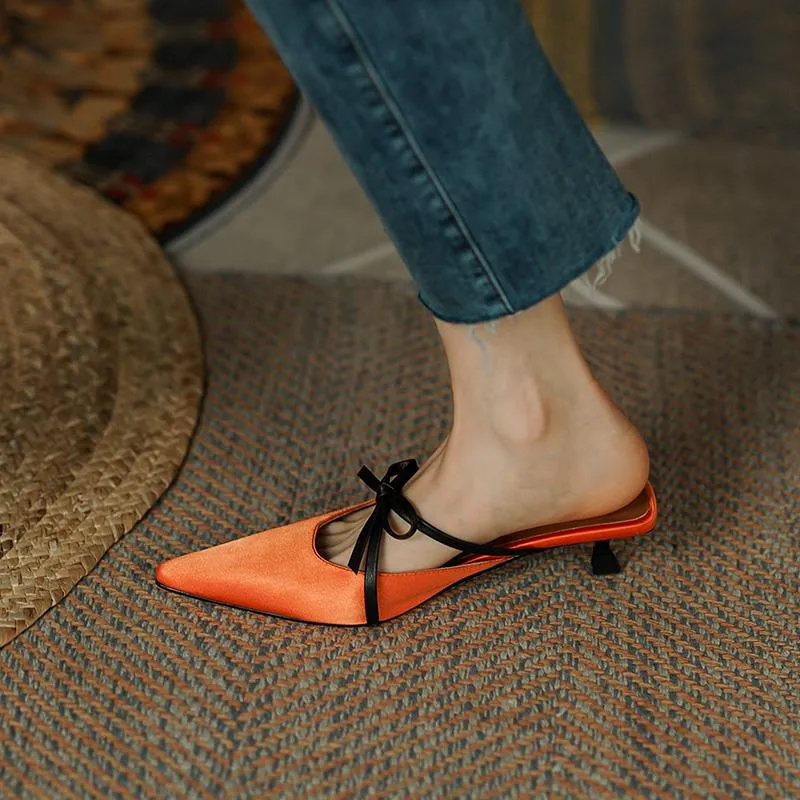 Sandalias Zapatos de verano en el talón con pajarita Tacón Moda Chica Tacones medianos Mujeres Bombas 4 cm Elegante Satén Zapatillas Sandalias
