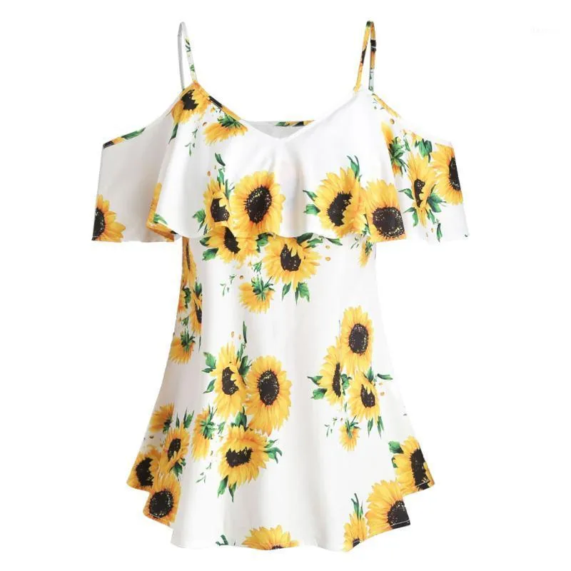 Women's Blouses & Shirts 2022 Plus Size Women Sunflower Printed Camis Short Sleeve Ruffles Cold Shouder Blouse Camisas Blusas Mujer De Moda