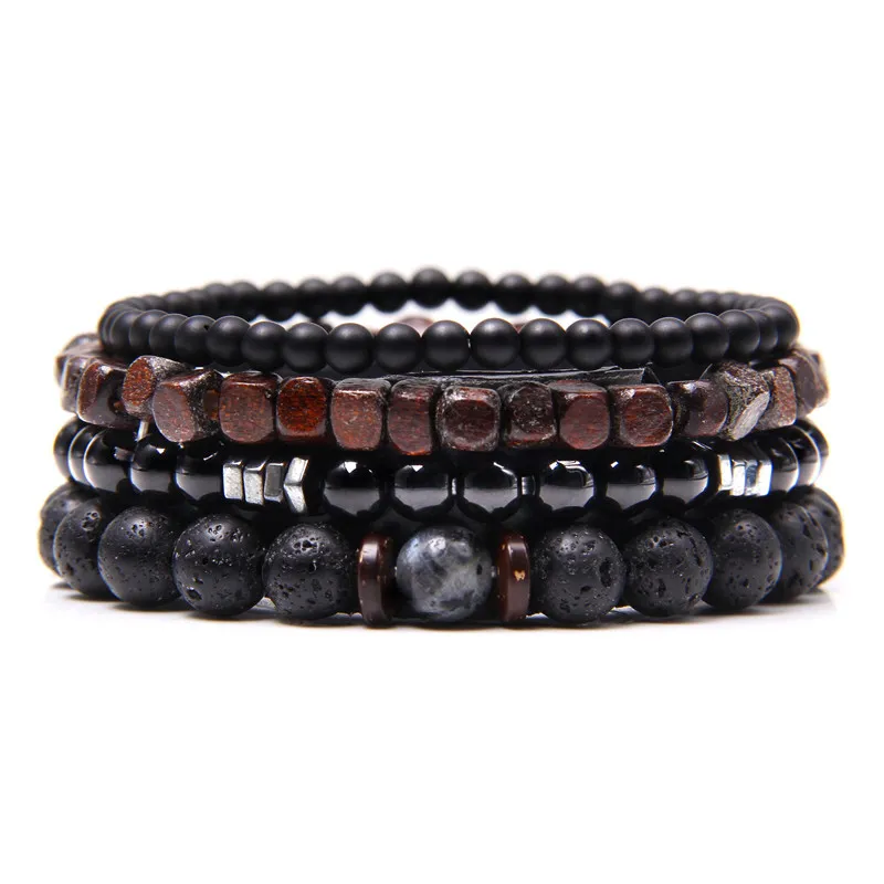 4pcs Set Natural Lava Stone Strands Wooden Beaded Bracelets For Men Handmade Charm Party Club Male Jewelry