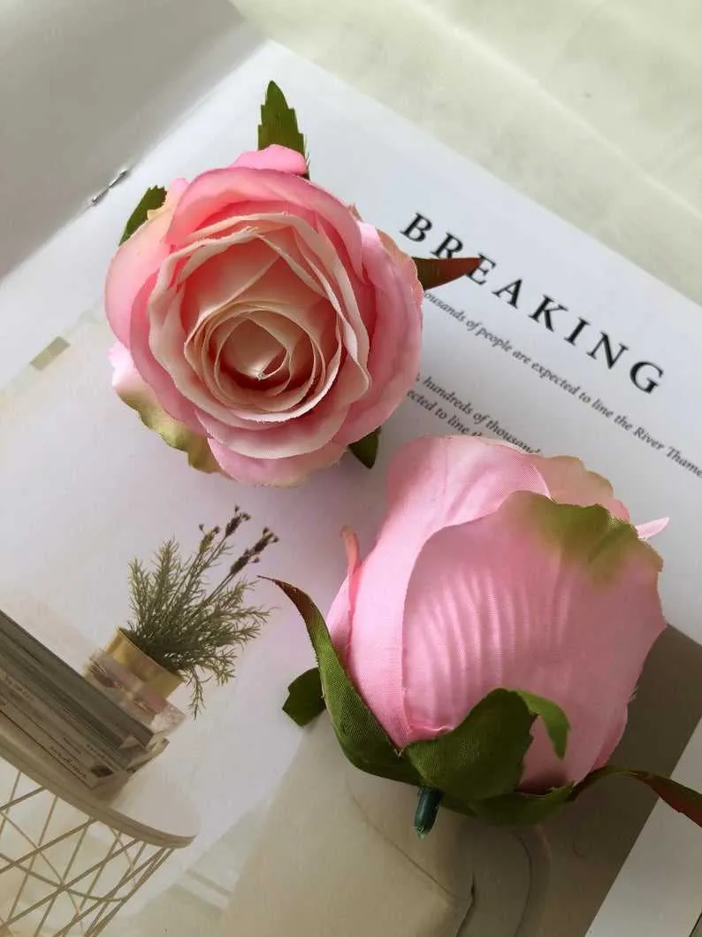 Couronnes de fleurs décoratives 10 pièces rose gros bourgeons de roses têtes fleur de soie artificielle pour boutonnière bricolage bouquet de mariage décoratif