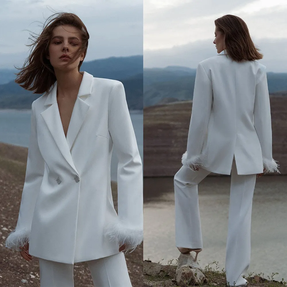 Elegant White Feather Blazer Suit Women's 2-Piece Set, Chic Bridesmaid  Outfit, Loose Fit, Casual Office Style, Daily Wear Shop Now!