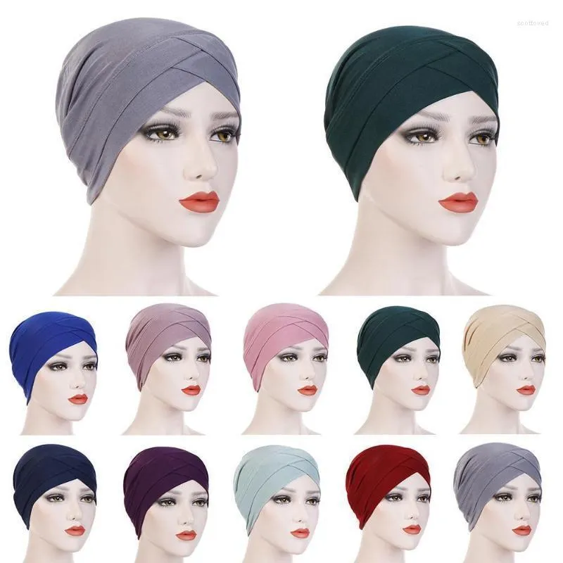 Bonnet / Skull Caps Chapeau extensible élégant pour femmes Front Turban Cross 2022 Tête Musulmane Couleur Écharpe Hijab Chemo Inde Solid Cap Beanie R5Z4 Scot