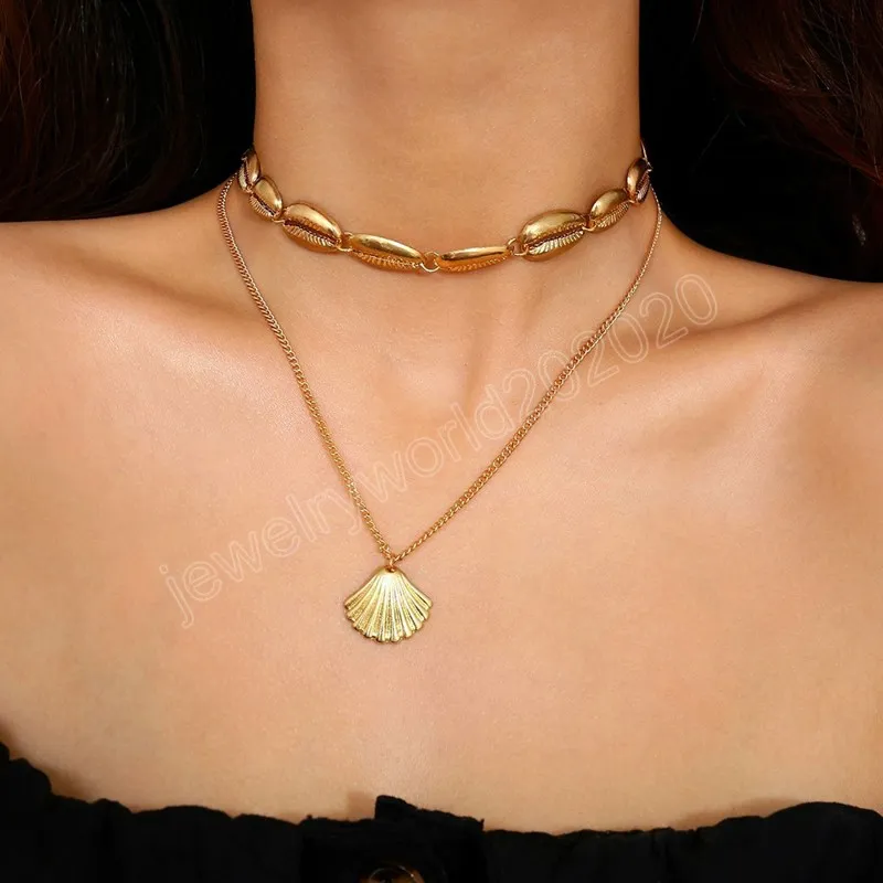 Boho Multilayer Shell Trendy Necklace Gold Color Long Chain Seachell Ocean Beach Pendant Halsband Kvinnor gåvor