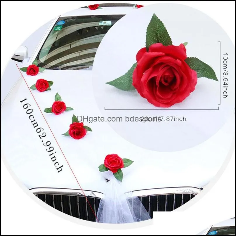 Decorative Flowers & Wreaths 2pcs 160cm DIY Artificial White Wedding Car Decor Door Handle Ribbons Silk Corner Flower Galand With Tulle