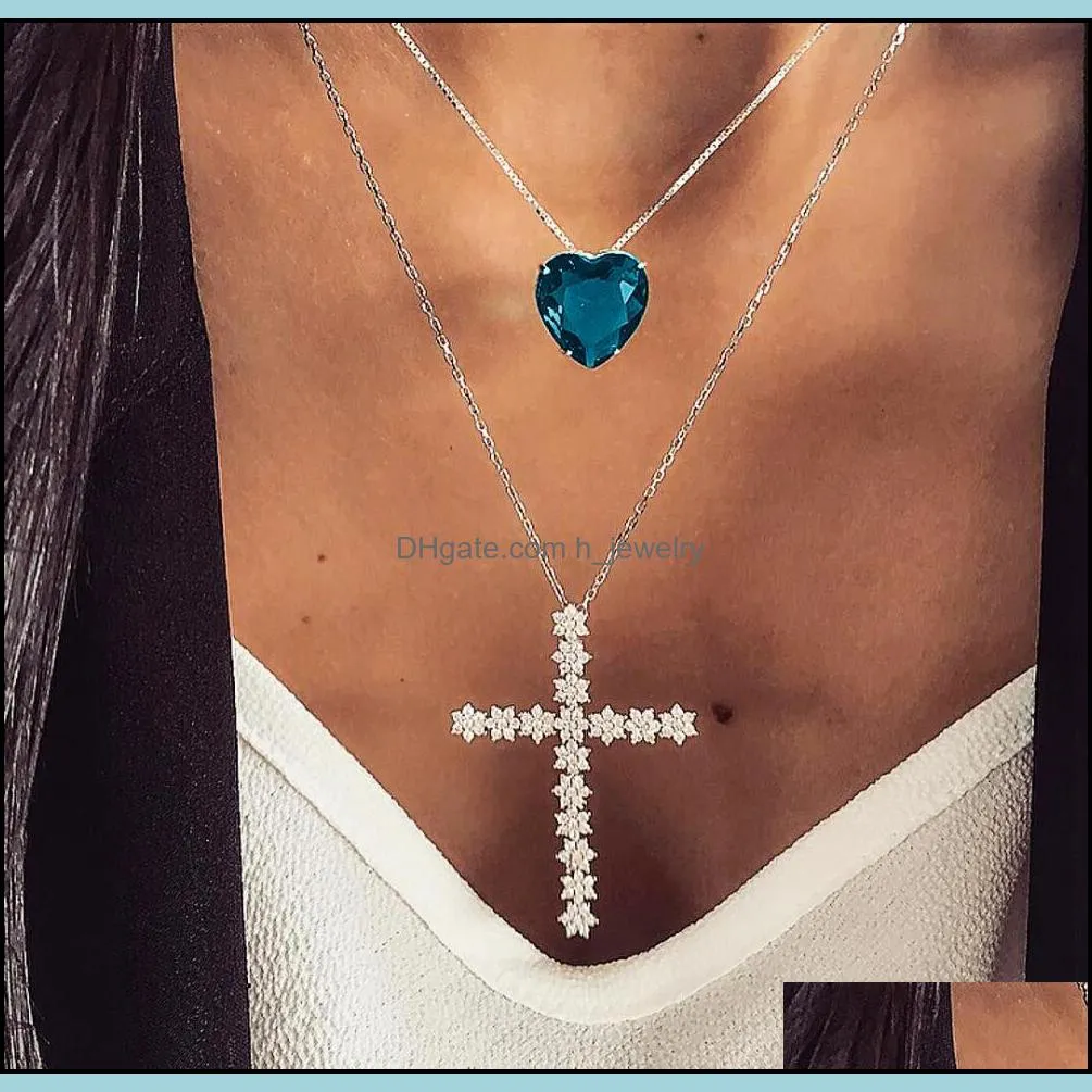 multilayer blue crystal heart cross ocean jewelry choker statement necklace hjewelry