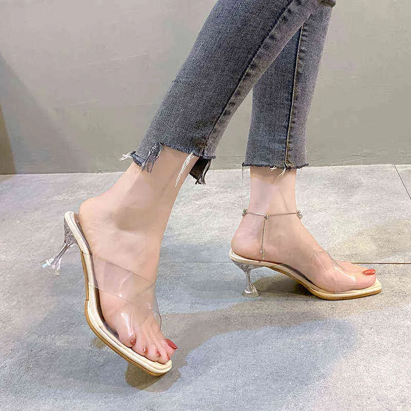 Summer New Ladies Sexy Fashion Slippers Square Head Open Toe Delicate Mid Heel Women's Shoes Transparent Crystal Casual Sandals G220527