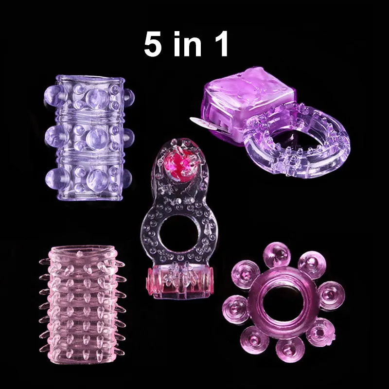 5 en 1 Soft Silicone Cock Bague Penis Sleeve Elastic Anneaux Vibrant Temps Délai Ejaculation Extender Jouets sexy pour hommes Beauté Articles