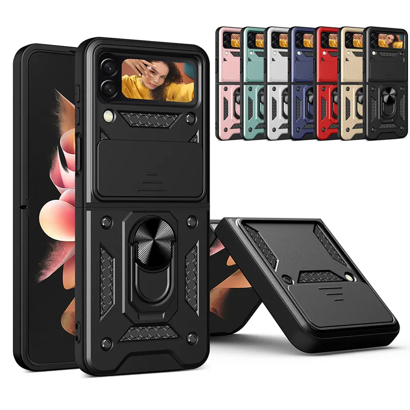 Slide Camera Lens Protection Cases Robust Military Grade Heavy Duty Armor stötsäker magnetisk ringstativ för Samsung Galaxy Z Flip 3 4 5G Flip3 Flip4 Huawei P50 Pocket