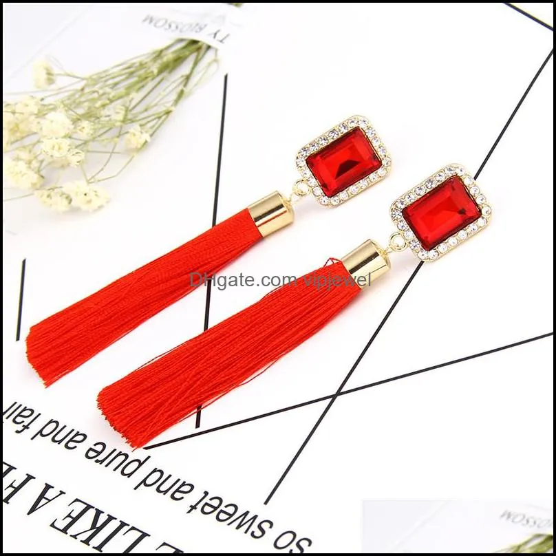 2020 new hot bohemia women`s long tassel earrings boho vintage colorful rectangle crystal pendant earrings for women fashion jewelry-z