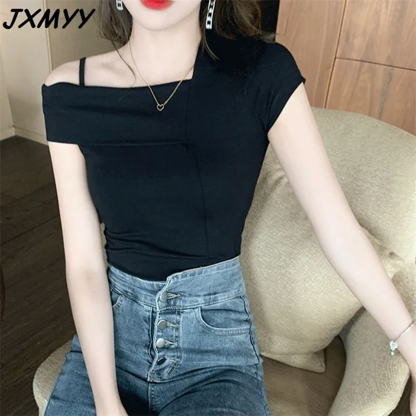 Oblique collar short-sleeved t-shirt women sexy meticulous blouse women's design tight bottoming shirt JXMYY 210412