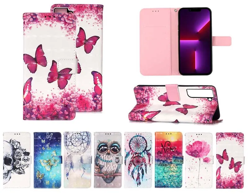 Owl Skull Dream Strap Flower Unicorn Flip Wallet Étuis en cuir pour iPhone 14 Pro Max