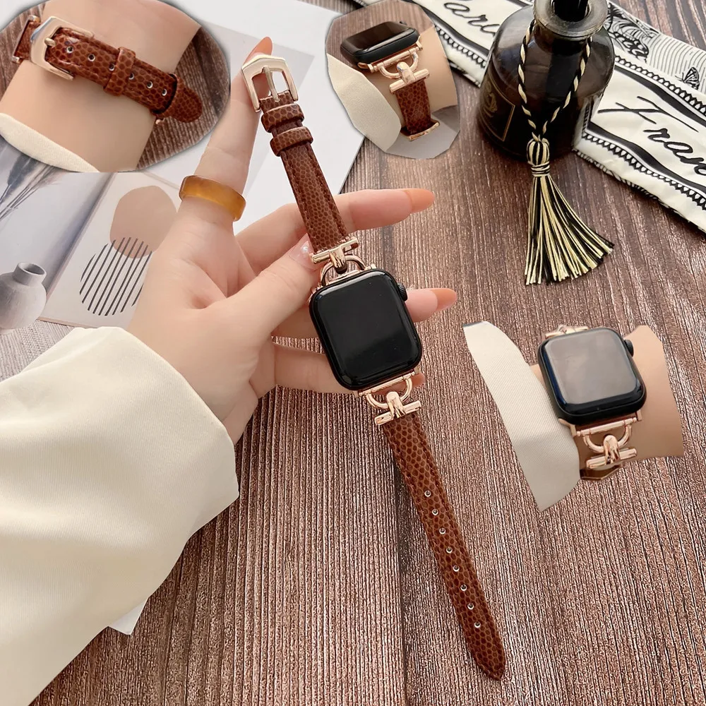 Designer Slim Strap With Embossed Pattern For Apple Watch Band 45mm 42mm 38mm 40mm 44mm Iwatch 3 4 5 7 41mm Bands Metal Connector Rose Gold Buckle Leather Ladies Women