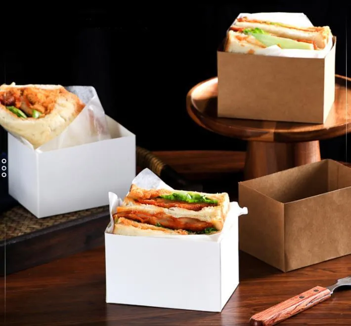 Kraft Paper Sandwiches Wrapping Box Thick Egg Toast Pane Colazione Scatole per imballaggio Burger Teatime Vassoio DH9484